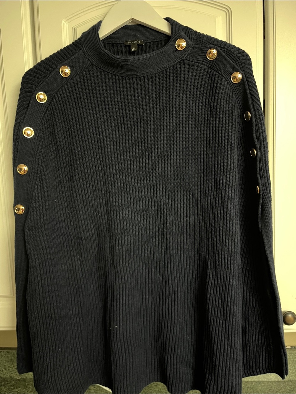 Black Ribbed Poncho with Gold Button Detail